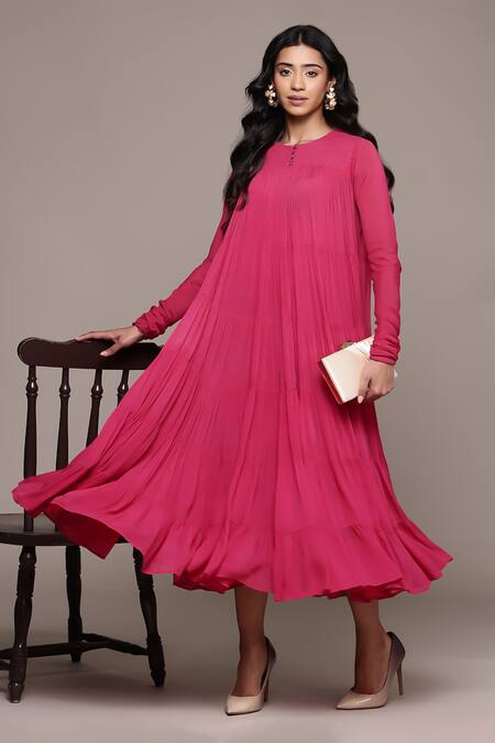 Buy_Ritu Kumar_Pink Viscose, Cotton Round Neck Fuchsia Essential-ahram Midi Dress And Camisole _Online_at_Aza_Fashions