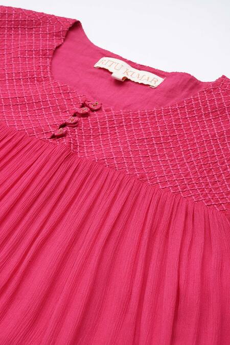 Ritu Kumar_Pink Viscose, Cotton Round Neck Fuchsia Essential-ahram Midi Dress And Camisole _at_Aza_Fashions