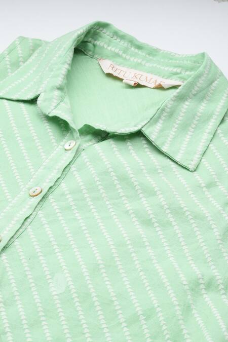 Shop_Ritu Kumar_Green Cotton Collared Essential Ananta Kurta Set _Online_at_Aza_Fashions
