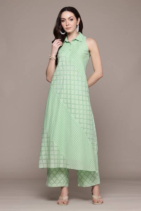 Buy_Ritu Kumar_Green Cotton Collared Essential Ananta Kurta Set 