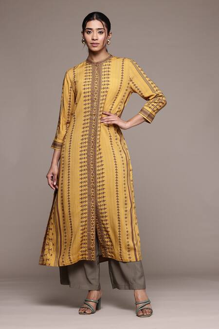 Buy_Ritu Kumar_Yellow Rayon Round Neck Essential Bhuj Long Kurta_Online_at_Aza_Fashions