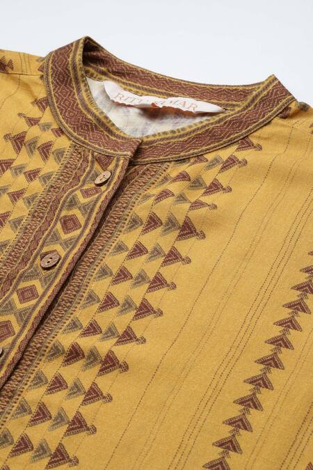 Shop_Ritu Kumar_Yellow Rayon Round Neck Essential Bhuj Long Kurta_Online_at_Aza_Fashions