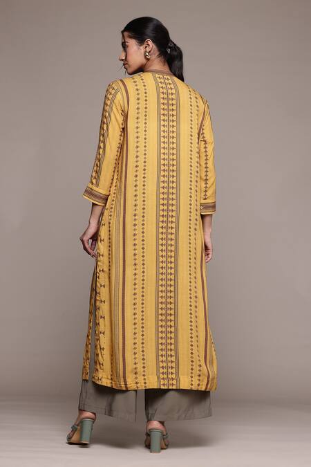 Shop_Ritu Kumar_Yellow Rayon Round Neck Essential Bhuj Long Kurta_at_Aza_Fashions