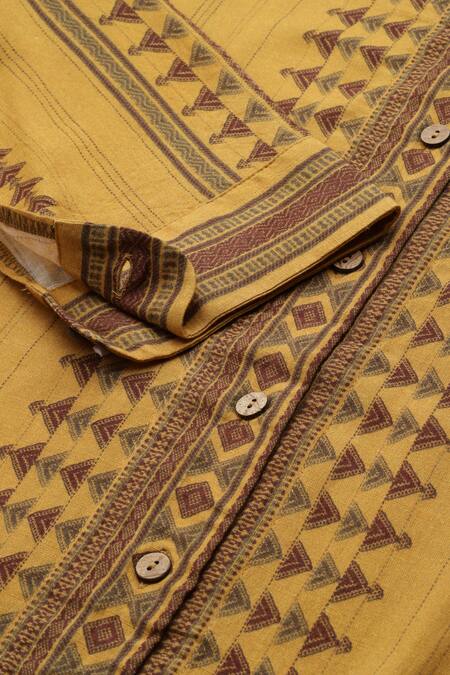 Ritu Kumar_Yellow Rayon Round Neck Essential Bhuj Long Kurta_at_Aza_Fashions