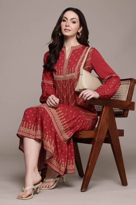 Ritu Kumar Red Rayon Embroidery Round Neck Long Dress With Details Online at Aza Fashions Ritu Kumar_Red Rayon Embroidery Round Neck Long Dress With Details_Online_at_Aza_Fashions