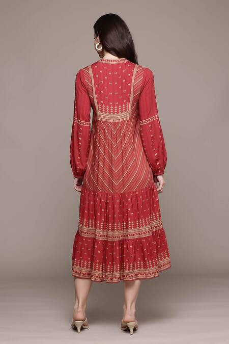 Shop Ritu Kumar Red Rayon Embroidery Round Neck Long Dress With Details at Aza Fashions Shop_Ritu Kumar_Red Rayon Embroidery Round Neck Long Dress With Details_at_Aza_Fashions