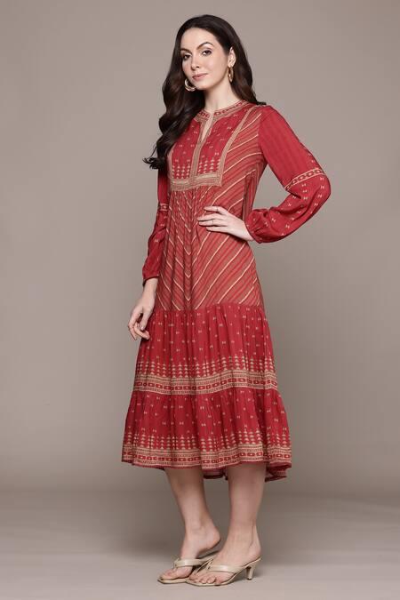 Buy Ritu Kumar Red Rayon Embroidery Round Neck Long Dress With Details Online at Aza Fashions Buy_Ritu Kumar_Red Rayon Embroidery Round Neck Long Dress With Details_Online_at_Aza_Fashions