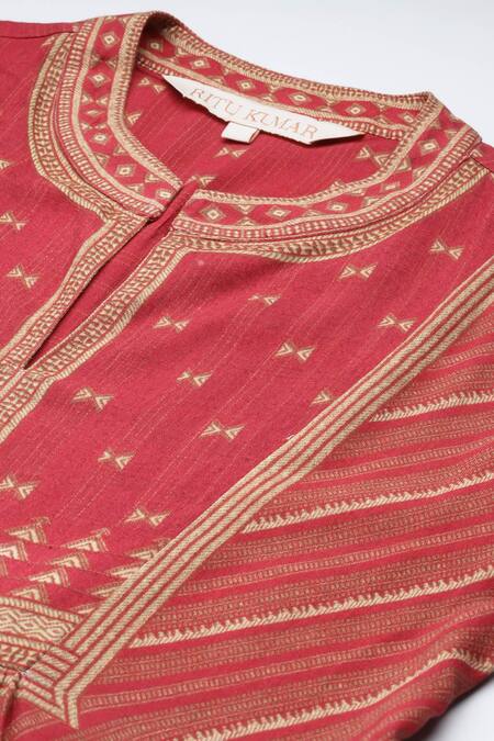 Shop Ritu Kumar Red Rayon Embroidery Round Neck Long Dress With Details Online at Aza Fashions Shop_Ritu Kumar_Red Rayon Embroidery Round Neck Long Dress With Details_Online_at_Aza_Fashions