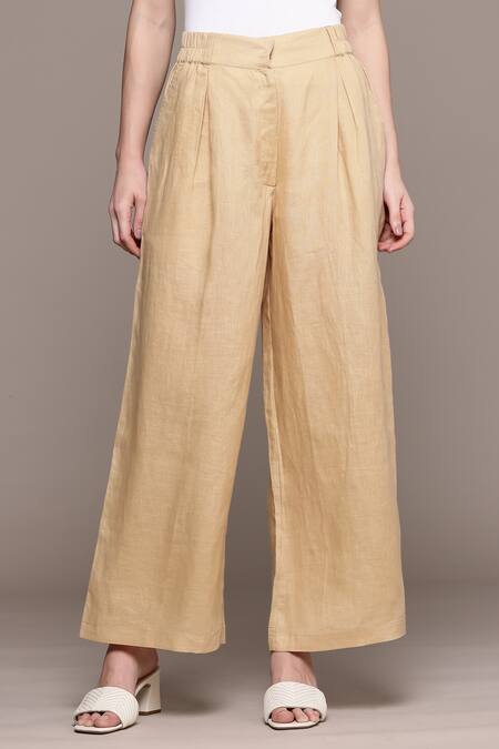 Buy_Ritu Kumar_Beige Linen Essential-bottoms Pants _Online_at_Aza_Fashions