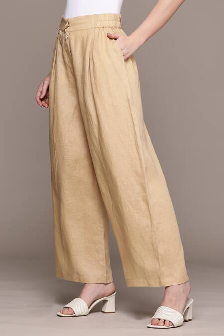 Shop_Ritu Kumar_Beige Linen Essential-bottoms Pants _Online_at_Aza_Fashions