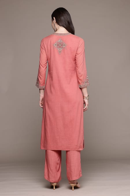 Shop_Ritu Kumar_Peach Cotton Embroidery Round Neck Essential-daksha Kurta And Palazzo Set _at_Aza_Fashions