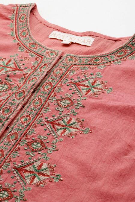 Ritu Kumar Peach Cotton Embroidery Round Neck Essential-daksha Kurta And Palazzo Set Online at Aza Fashions Ritu Kumar_Peach Cotton Embroidery Round Neck Essential-daksha Kurta And Palazzo Set _Online_at_Aza_Fashions