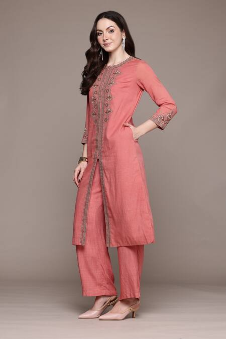 Buy_Ritu Kumar_Peach Cotton Embroidery Round Neck Essential-daksha Kurta And Palazzo Set _Online_at_Aza_Fashions
