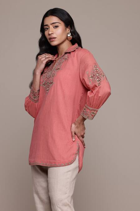 Ritu Kumar_Peach Cotton Embroidery Collared Essential-daksha Kurti _Online_at_Aza_Fashions