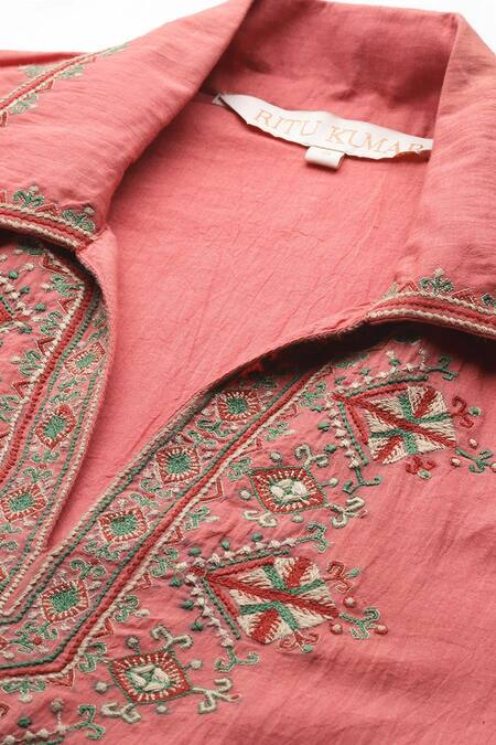 Shop_Ritu Kumar_Peach Cotton Embroidery Collared Essential-daksha Kurti _Online_at_Aza_Fashions