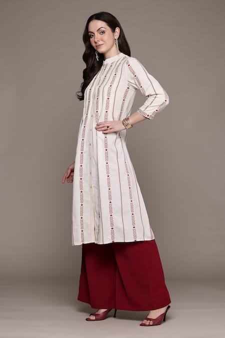 Ritu Kumar_Off White Cotton Embroidery Round Neck A-line Kurta With _Online_at_Aza_Fashions