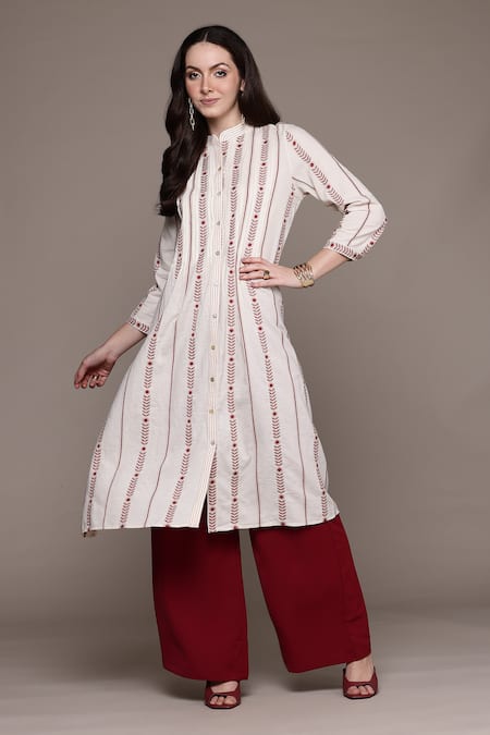 Shop_Ritu Kumar_Off White Cotton Embroidery Round Neck A-line Kurta With _Online_at_Aza_Fashions