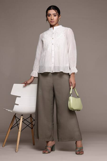 Ritu Kumar_Beige Cotton, Silk Embroidery Collared Ecru Essential-label Shirt _Online_at_Aza_Fashions