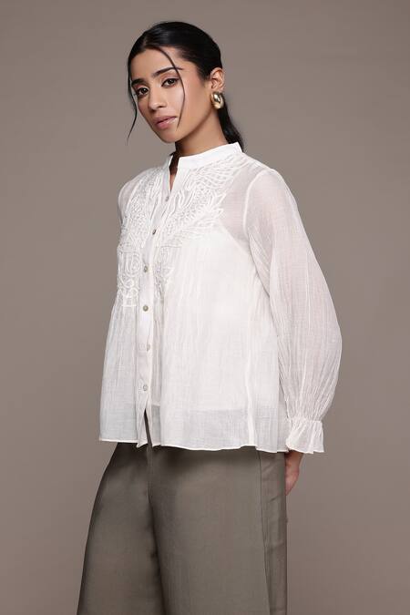 Shop_Ritu Kumar_Beige Cotton, Silk Embroidery Collared Ecru Essential-label Shirt _Online_at_Aza_Fashions