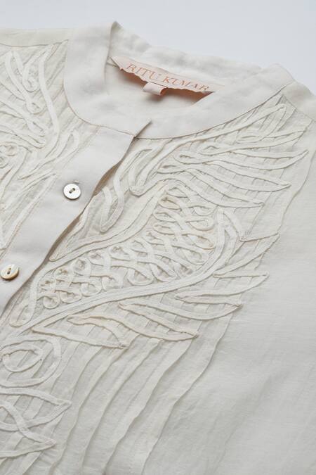 Ritu Kumar_Beige Cotton, Silk Embroidery Collared Ecru Essential-label Shirt _at_Aza_Fashions