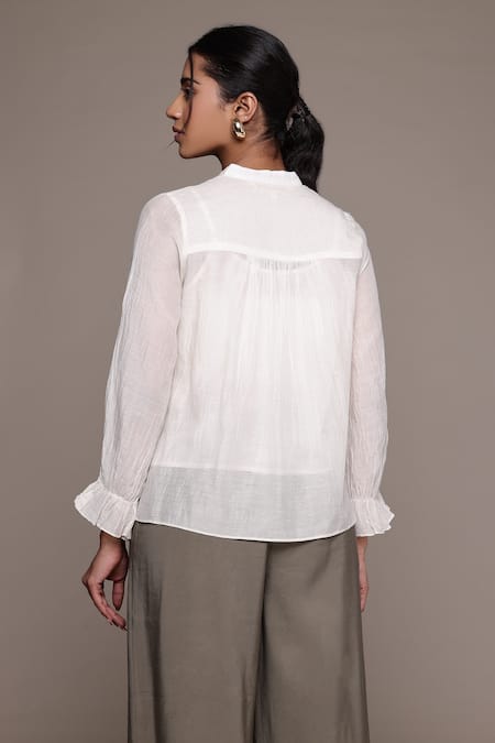 Shop_Ritu Kumar_Beige Cotton, Silk Embroidery Collared Ecru Essential-label Shirt _at_Aza_Fashions