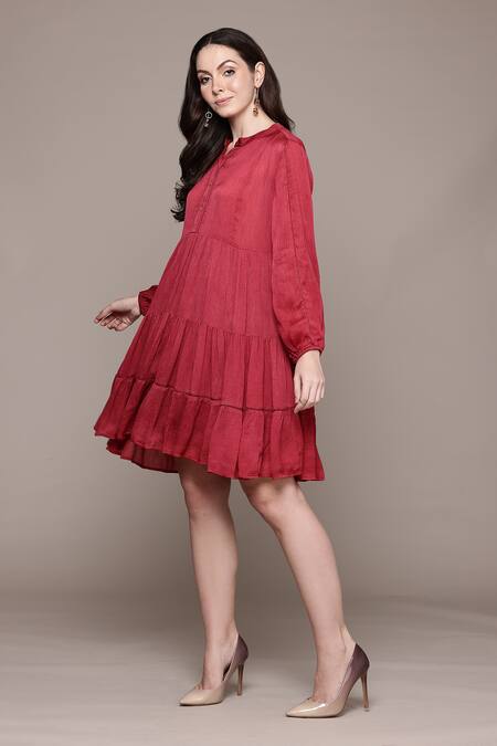 Ritu Kumar Red Crepe Collared Essential-mahi Short Dress Online at Aza Fashions Ritu Kumar_Red Crepe Collared Essential-mahi Short Dress _Online_at_Aza_Fashions