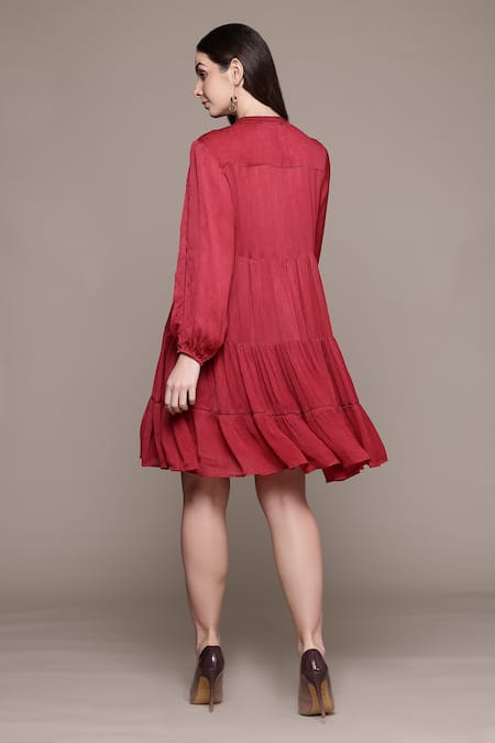 Shop Ritu Kumar Red Crepe Collared Essential-mahi Short Dress at Aza Fashions Shop_Ritu Kumar_Red Crepe Collared Essential-mahi Short Dress _at_Aza_Fashions