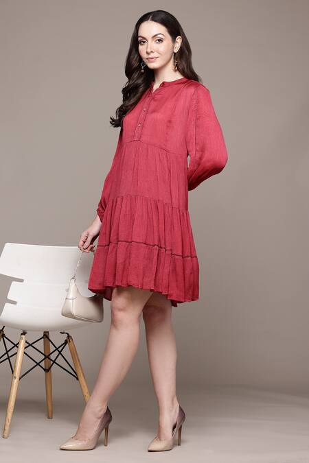 Ritu Kumar Red Crepe Collared Essential-mahi Short Dress at Aza Fashions Ritu Kumar_Red Crepe Collared Essential-mahi Short Dress _at_Aza_Fashions