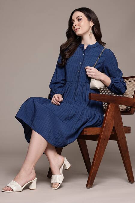 Ritu Kumar Blue Viscose, Nylon Round Neck Essential-mahi Short Dress Online at Aza Fashions Ritu Kumar_Blue Viscose, Nylon Round Neck Essential-mahi Short Dress _Online_at_Aza_Fashions