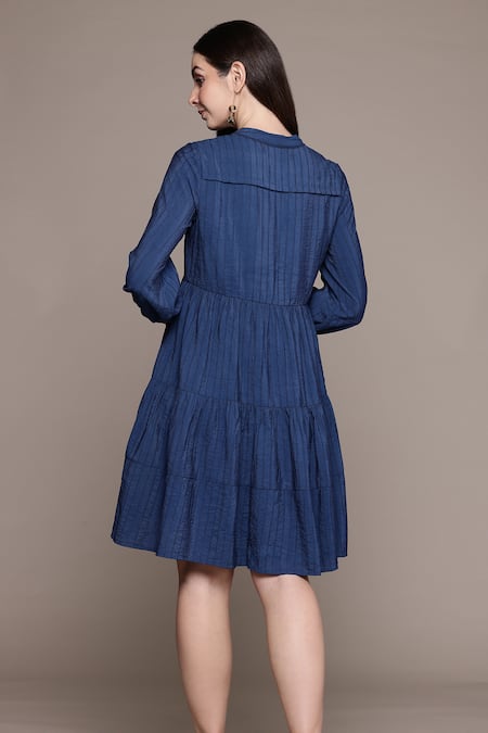 Shop Ritu Kumar Blue Viscose, Nylon Round Neck Essential-mahi Short Dress at Aza Fashions Shop_Ritu Kumar_Blue Viscose, Nylon Round Neck Essential-mahi Short Dress _at_Aza_Fashions