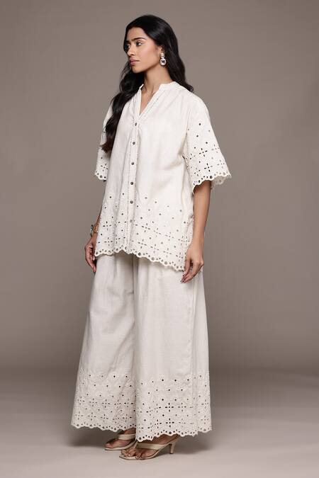 Buy Ritu Kumar Off White Cotton Embroidery Round Neck Essential-pari Shirt And Pant Set Online at Aza Fashions Buy_Ritu Kumar_Off White Cotton Embroidery Round Neck Essential-pari Shirt And Pant Set _Online_at_Aza_Fashions