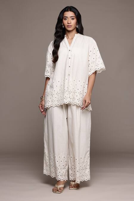 Shop Ritu Kumar Off White Cotton Embroidery Round Neck Essential-pari Shirt And Pant Set Online at Aza Fashions Shop_Ritu Kumar_Off White Cotton Embroidery Round Neck Essential-pari Shirt And Pant Set _Online_at_Aza_Fashions