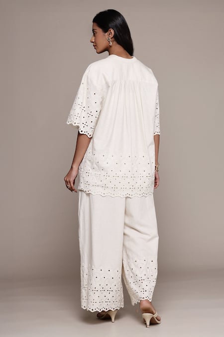 Shop Ritu Kumar Off White Cotton Embroidery Round Neck Essential-pari Shirt And Pant Set at Aza Fashions Shop_Ritu Kumar_Off White Cotton Embroidery Round Neck Essential-pari Shirt And Pant Set _at_Aza_Fashions