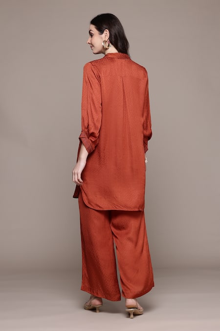Shop_Ritu Kumar_Orange Viscose, Satin Collared Rust Essential-shyala Solid Co-ord Set _at_Aza_Fashions