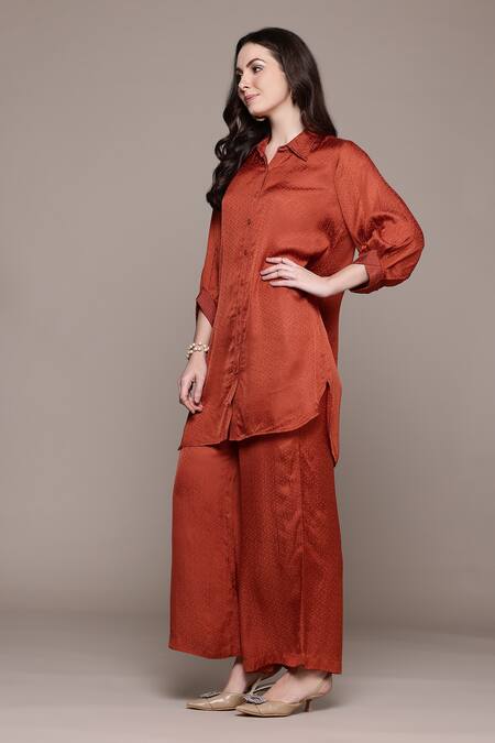 Ritu Kumar_Orange Viscose, Satin Collared Rust Essential-shyala Solid Co-ord Set _Online_at_Aza_Fashions