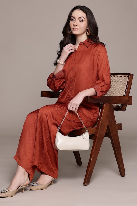 Buy_Ritu Kumar_Orange Viscose, Satin Collared Rust Essential-shyala Solid Co-ord Set _Online_at_Aza_Fashions