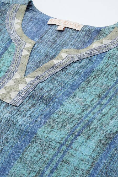 Ritu Kumar Blue Rayon Split V-neck Striped Kurta Set With Pant Online at Aza Fashions Ritu Kumar_Blue Rayon Split V-neck Striped Kurta Set With Pant _Online_at_Aza_Fashions