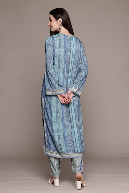 Shop_Ritu Kumar_Blue Rayon Split V-neck Striped Kurta Set With Pant _at_Aza_Fashions