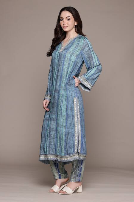 Buy_Ritu Kumar_Blue Rayon Split V-neck Striped Kurta Set With Pant _Online_at_Aza_Fashions