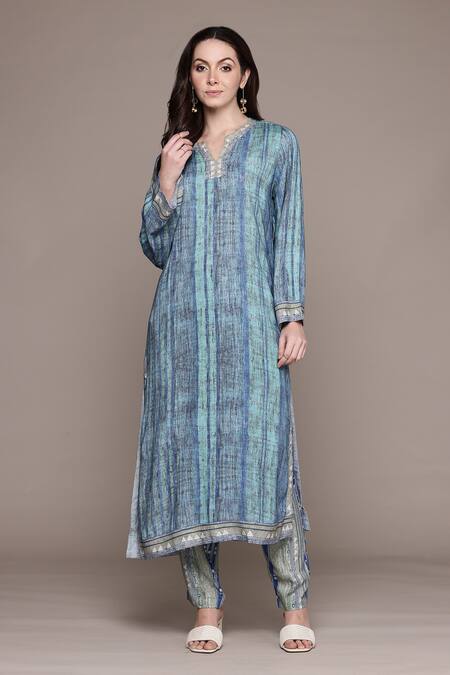 Shop_Ritu Kumar_Blue Rayon Split V-neck Striped Kurta Set With Pant _Online_at_Aza_Fashions