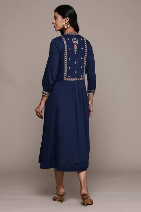 Shop_Ritu Kumar_Blue Rayon Embroidery Round Neck Essential-vasudha Long Dress_at_Aza_Fashions
