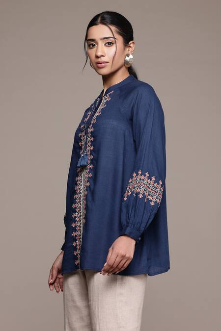 Ritu Kumar_Blue Rayon Embroidery Round Neck Essential-vasudha Blouse_Online_at_Aza_Fashions