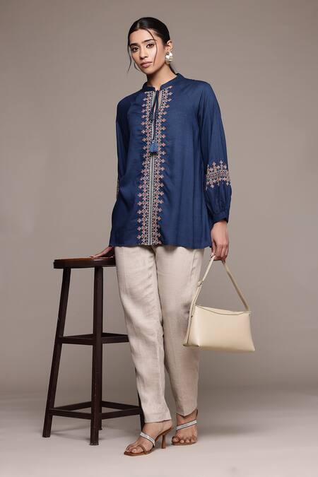 Buy_Ritu Kumar_Blue Rayon Embroidery Round Neck Essential-vasudha Blouse_Online_at_Aza_Fashions
