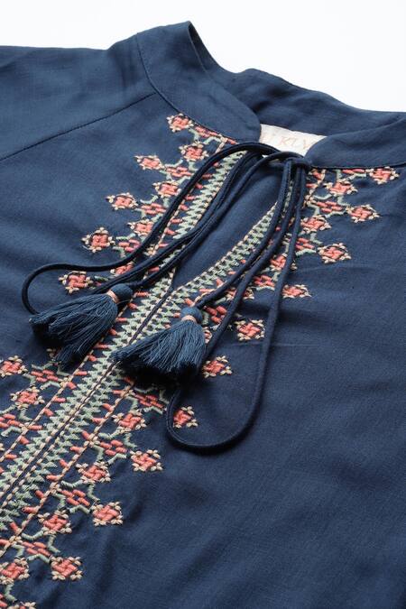 Shop_Ritu Kumar_Blue Rayon Embroidery Round Neck Essential-vasudha Blouse_Online_at_Aza_Fashions