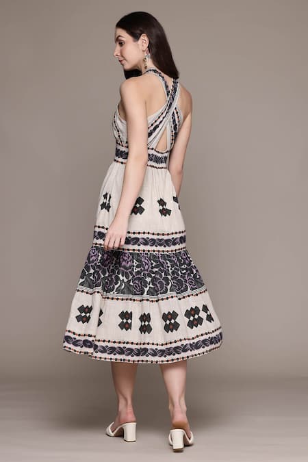 Shop_Ritu Kumar_Off White Cotton Embroidery Halter Neck Midi Dress _at_Aza_Fashions