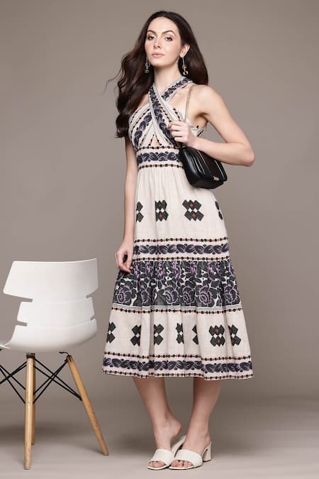 Ritu Kumar_Off White Cotton Embroidery Halter Neck Midi Dress _Online_at_Aza_Fashions