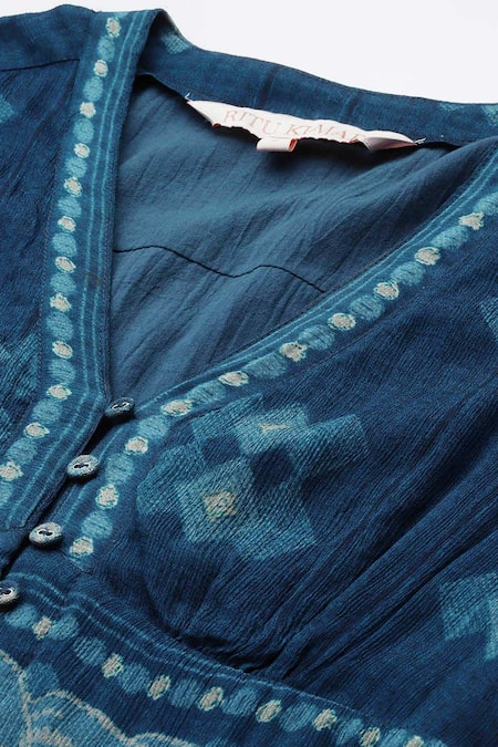 Ritu Kumar_Blue Viscose V-neck Floral Print Midi Dress _Online_at_Aza_Fashions