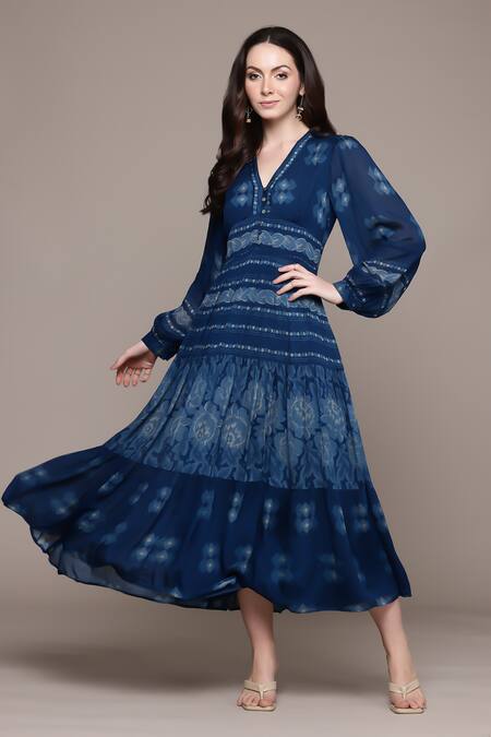 Shop_Ritu Kumar_Blue Viscose V-neck Floral Print Midi Dress _Online_at_Aza_Fashions