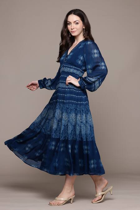 Ritu Kumar_Blue Viscose V-neck Floral Print Midi Dress _at_Aza_Fashions