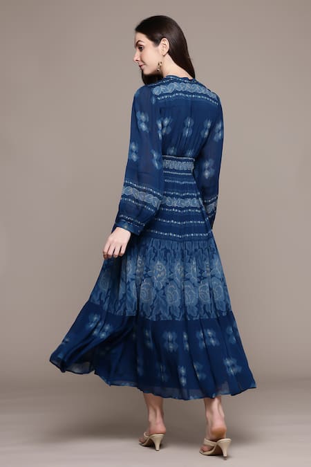 Shop_Ritu Kumar_Blue Viscose V-neck Floral Print Midi Dress _at_Aza_Fashions